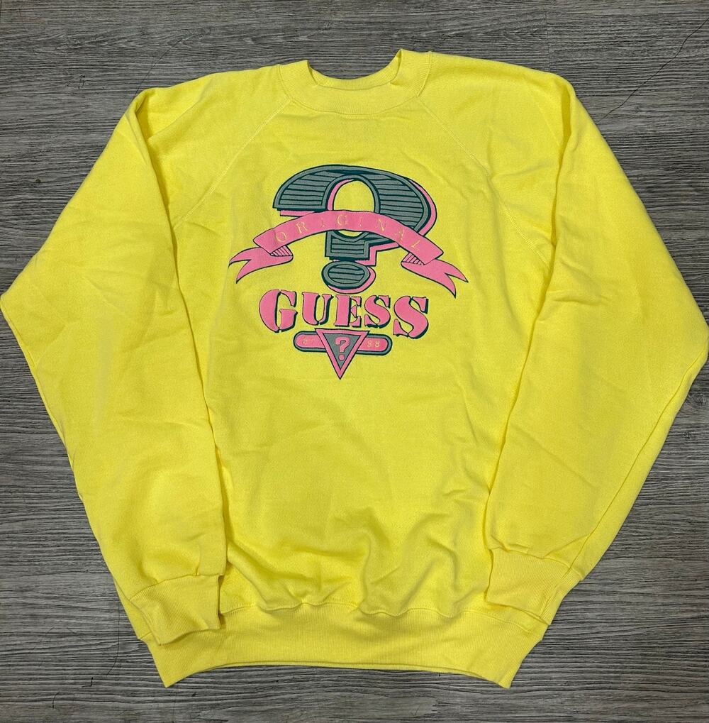 Vintage 80s Guess Original Graphic Crewneck Sweater Yellow Men's XL Made in USA